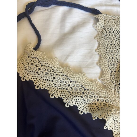 Navy Blue Monokini V-Neck One-Piece Swimsuit Low Back Halter Sexy Minimalist - Picture 11 of 16